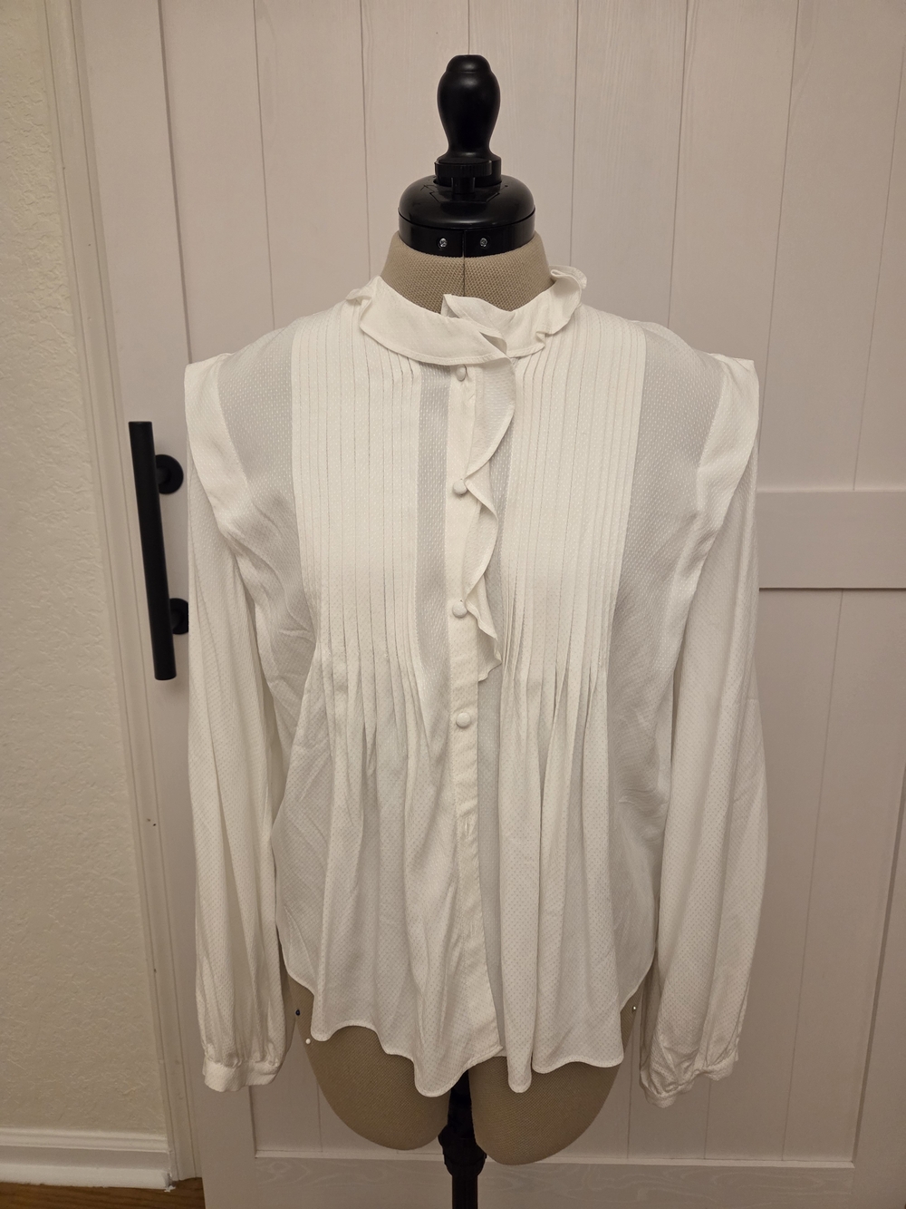 INTERMIX White Ruffle Pintuck Button-Front Blouse